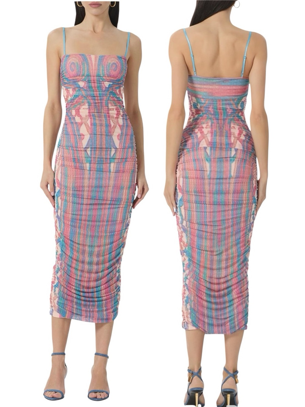 AFRM Hazel Printed Ruched Multicolor Mesh Midi Dress
